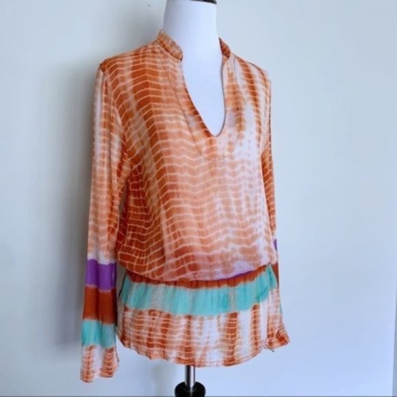 Monique Leshman Tie Dyed Orange Purple Aqua Boho Drawstring Tunic Medium - Picture 3 of 10
